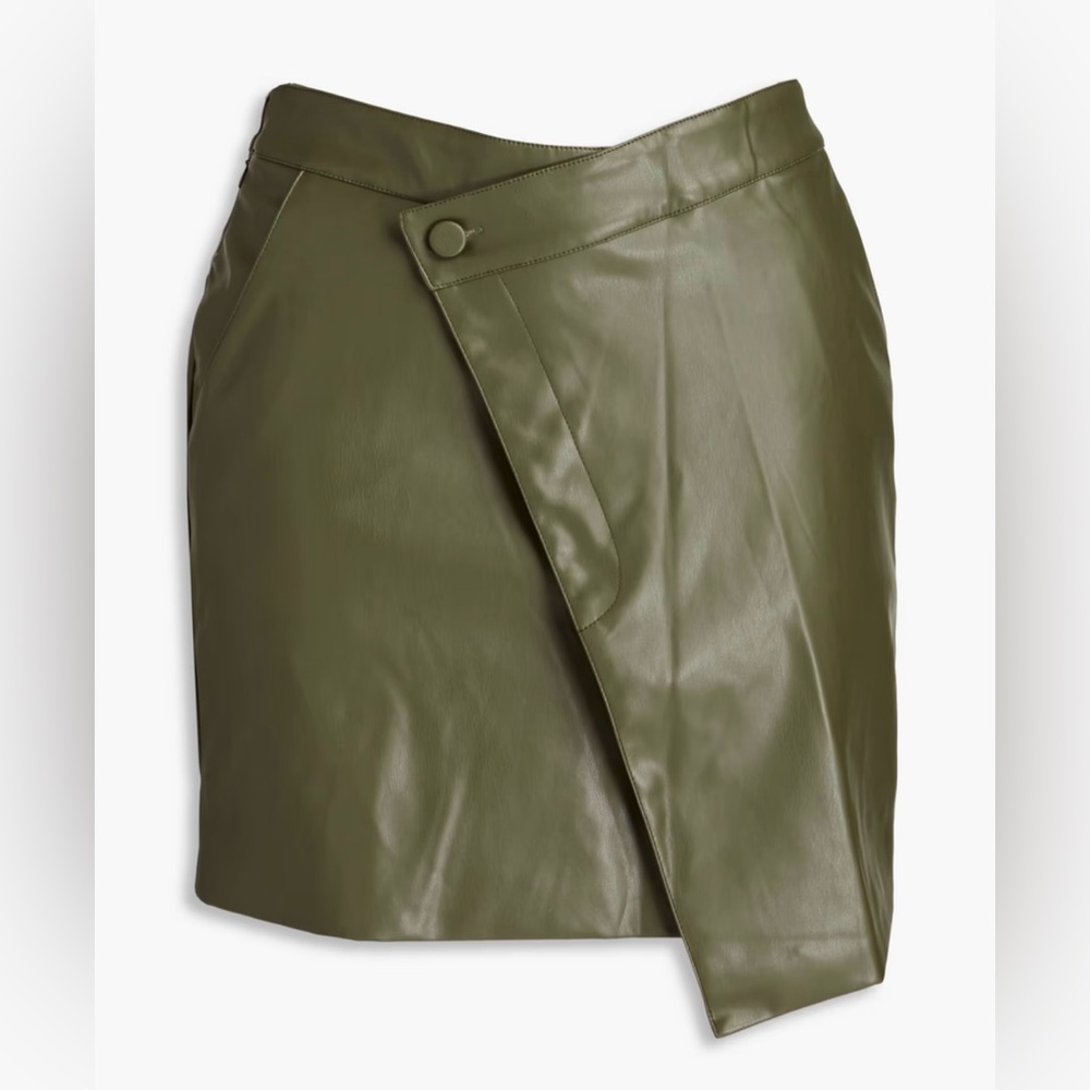 NICHOLAS Gabriella Wrap-effect Faux Leather Olive Mini Skirt with flaw check pic